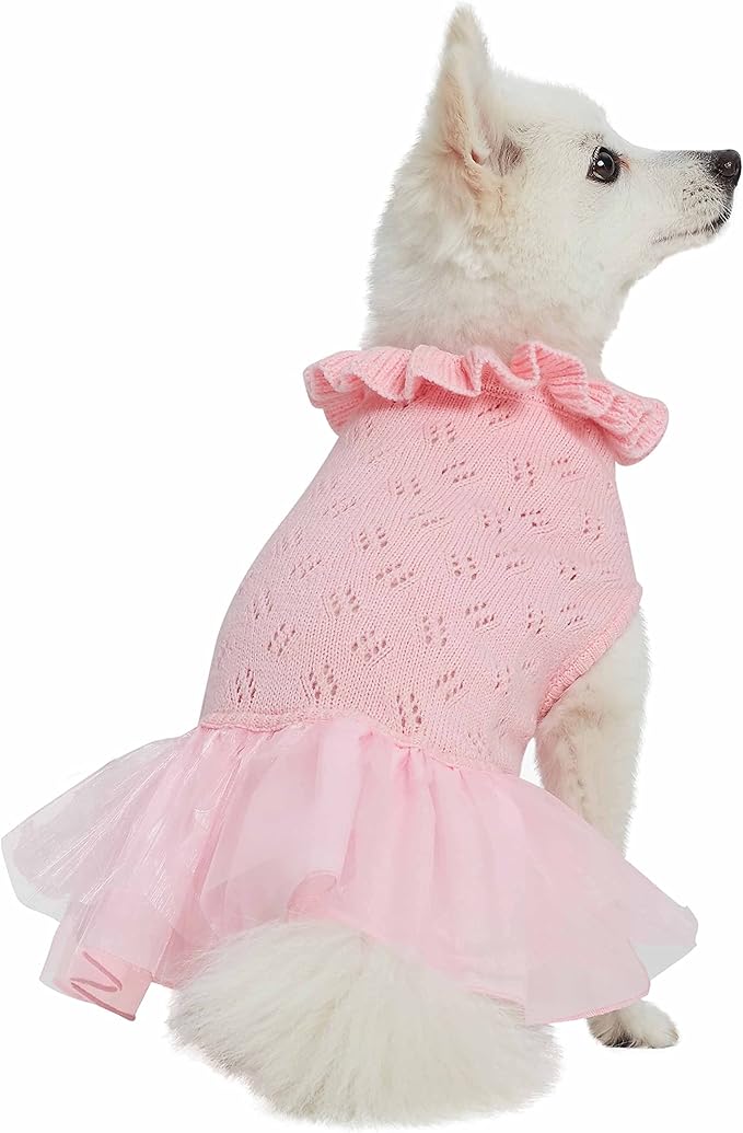 Blueberry Pet My Cutie Princess Ruffle Collar Dog Sweater Dress with Layered Tulle, Pink, Back Length 14", Fall Winter Clothes for Girl Dogs