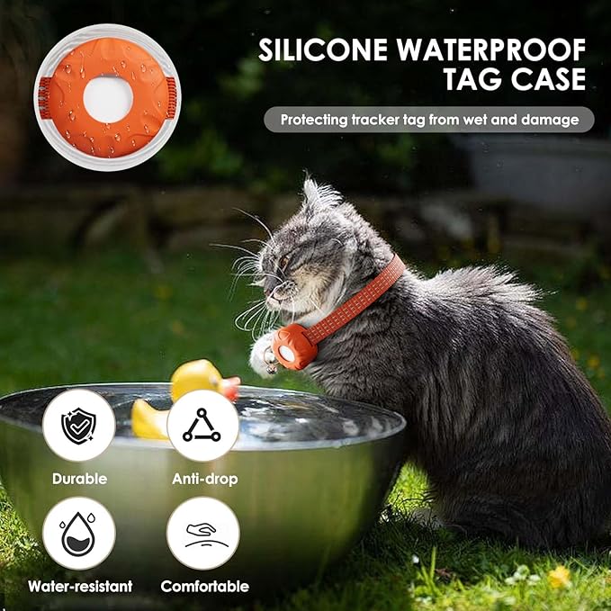 Cat GPS Tracker, Smart Cat GPS Tracker Compatible with Apple Find My App (Only iOS), No Monthly Fee, Waterproof (White Tracker, Orange Cat Collar)