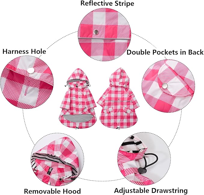 Dog rain Coat Waterproof Raincoat Puppy Jacket with Legs Buttons Zipper Hood Drawstring Fit for Yorkie Terrier Schnauzer Poodle Border Collie Labrador Golden Retriever 8lbs to 80lbs Pink XXL
