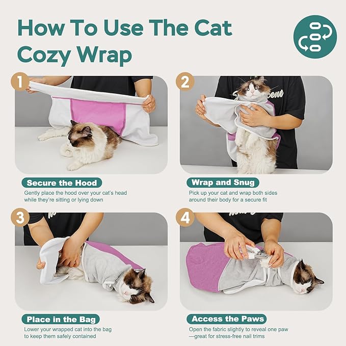 Self-Adhesive Cat Grooming Wrap, Cozy Cat Wrap for Cutting Nails, Breathable Anti-Scratch Cats Swaddle Bag for Brushing, Ear Cleaning, Dental Care, Medication, Injections,Pinkish Purple S