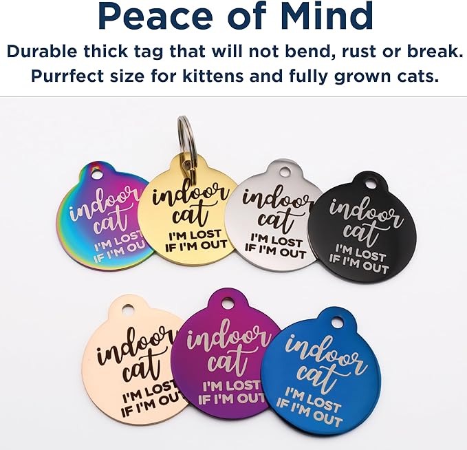 GoTags Personalized Small Indoor Cat Tag - Engraved with 4 Lines of Custom ID, Rainbow Stainless Steel Round Pet ID Tag