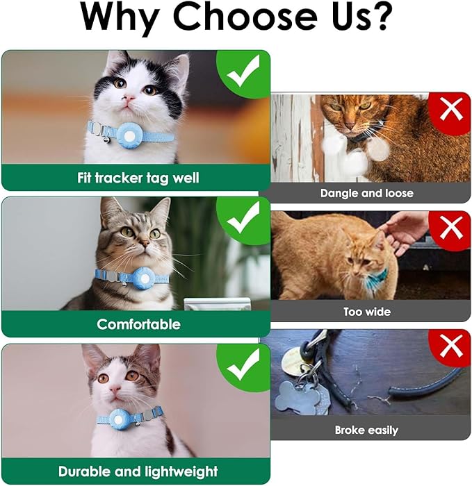 GPS Tracker for Cats, Compatible with Apple Find My App (Only iOS), No Monthly Fee Cat Tracker, Waterproof (White Tracker, Blue Cat Collar)