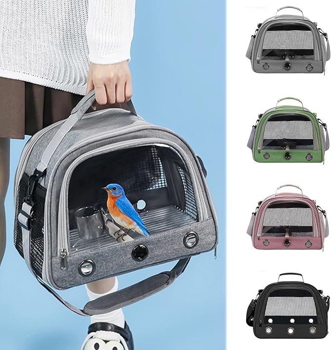 Bird Traval Carrier Cage, Bird Carrier with Seat Belt, Multifunctional Small Animal Backpack, Pet Transparent Breathable Carriers for Small Birds Parrots (Black)