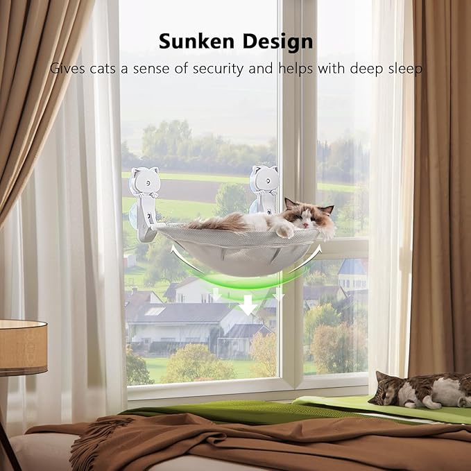 Cat Window Perch Cordless, Foldable & Stable Cat Beds- Breathable Cat Window Hammock for Overlooking, Sunbathing and Climbing - Maximum Hold Up to 40lb