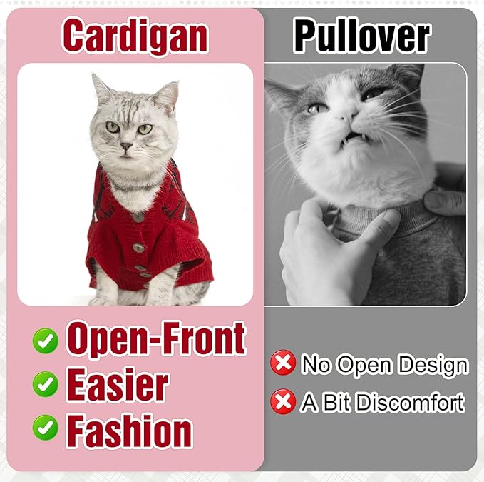 EXPAWLORER Cat Sweater Cardigan - Stylish Knit Cat Clothes, Plaid British Style Soft Puppy Sweater with Sleeve, Warm Pet Clothing Knitwear, Fall Winter Kitten Coat for Girl Boy Cats, Red L