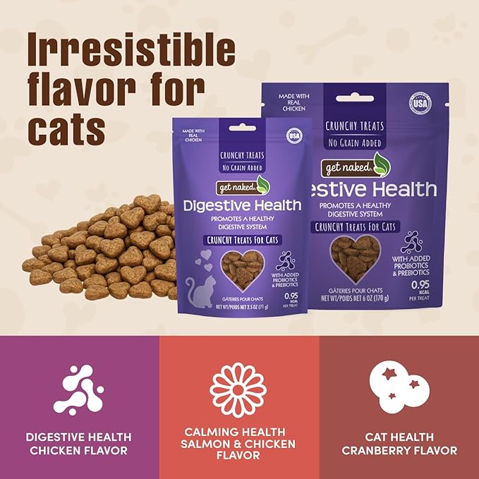 Get Naked Digestive Health Crunchy Cat Treats 6oz - Chicken Flavor, Grain-Free Cat Probiotics for Indoor Cats, Supports Healthy Digestion, Dental Health & Immunity, Made in The USA