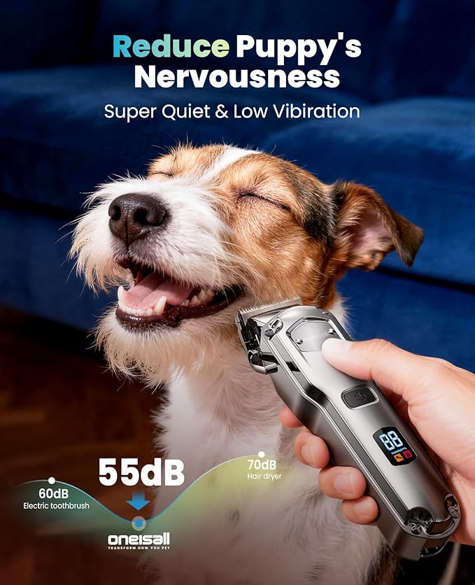 oneisall Dog Clippers for Grooming for Thick Heavy Coats/Low Noise Rechargeable Cordless Pet Shaver with Stainless Steel Blade/Waterproof Dog Shaver for Dogs Pets and Animals (Silver)