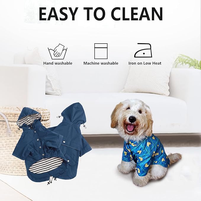 Morezi Dog Zip Up Raincoat with Reflective Buttons, Rain/Water Resistant, Adjustable Drawstring, Removable Hood, Raincoats with Legs 8lbs to 80lbs Available - Dark Blue - Medium