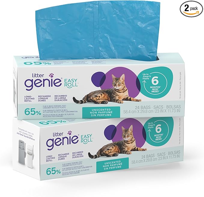 Litter Genie Easy Roll Refill Bags (2-Pack) | 65% Recycled Plastic | Up to 12 months of supply in 2 Rolls of 24 tear-off Bags | Zero Plastic Packaging Cat Litter Bags