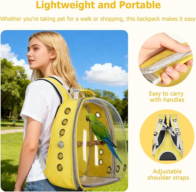 Transparent Parrot Backpack,12 Holes Ventilate Space Capsule Carrier,Stick Wooden Standing Perch,Portable Double Shoulder Outdoor Pet Backpack Carrier for Birds and Pets (Purple,Without Stick)
