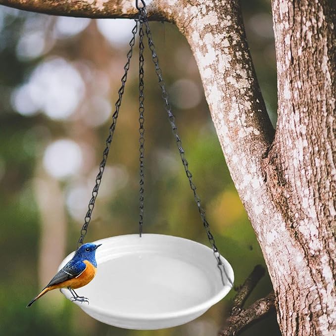 Hanging Bird Feeder and Waterer Tray Water Feeding Bowl Garden Decor with Chains Sturdy Birds Water Station for Backyard Yard, White
