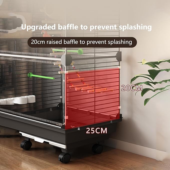 Bird Cage,Large Parrot Cage with Acrylic Doors, 3-Tier Movable Birdcage Parakeet Cage w/Wheels, 360° View Spacious Interactive Bird House (Black, Automatic Food Container and Water Bottle)