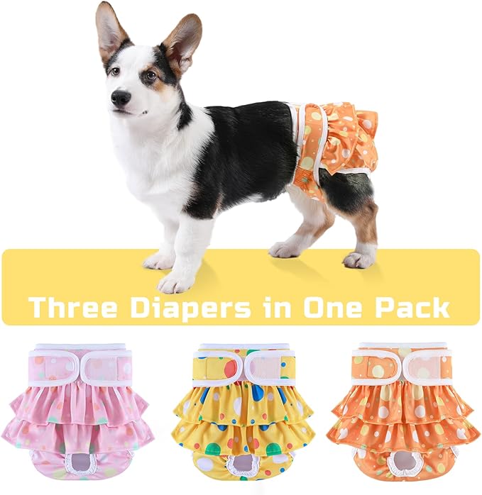 Washable Dog Diapers Female 3 Pack Reusable Highly Absorbent Doggie Diapers, Premium Puppy Diapers, Durable Leak-Proof Dot Doggy Diapers for Period Heat Incontinence Potty Training, M