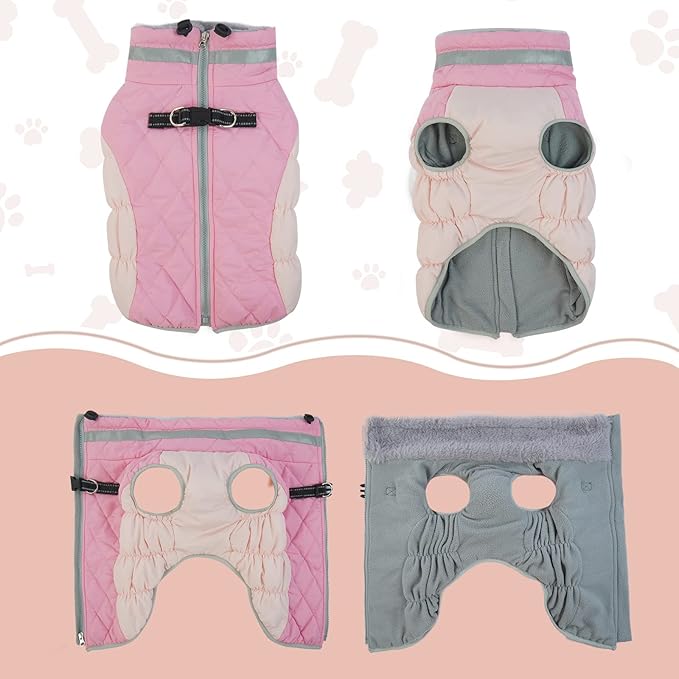 Lelepet Dog Coat Warm Dog Winter Coat Waterproof Dogs Jacket with Harness Built in Reflective Pet Fleece Vest Zip-Up Cold Weather Coats for Large Dogs Turtleneck & Windproof Coats Boston Terrier Pink