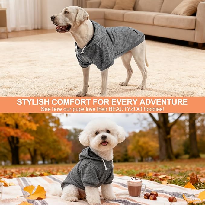 BEAUTYZOO Small Dog Hoodie Sweater with Pockets, Dog Clothes for Small Medium Dogs Boy Girl, Waffle-Like Laminated Cotton Pet Coats with Hat and Leash Hole, Dark Grey M