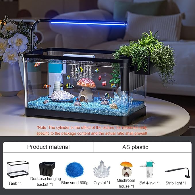 Fish Tank Aquarium Kit,Turtle Tank Kit with 3-in-1 Silent Water Pump Filter System, Self Cleaning Aquarium Starter Kit with LED Light Suitable for Small Fish Or Shrimp,Bottom Drainage(Small)