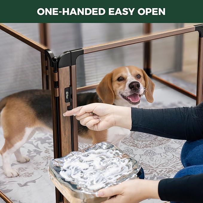 FXW AuraSpace Pro Metal & Acrylic Indoor Dog Playpen, All-Acrylic Clear Heavy-Duty Design, 32" Height 6 Panels for Small and Medium Dogs, Walnut│Patented