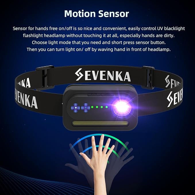 SEVENKA 2 UV Headlamp Flashlight Black Light, Rechargeable LED Hand Free Mini UV Blacklight 395nm Head Lights with White & Ultraviolet Light, Detector for Pet Dog/Cat Urine Stains,Bed Bug,Scorpions