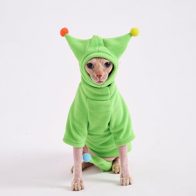 Sphynx Cat Clothes, Warm Cat Jumpsuit with Hat and Tail Cover, Full Set for Hairless Cats, Cornish Rex and Devon Rex (Green, XXL(10-11lbs))