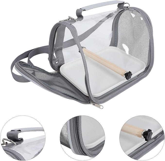 GANAZONO Portable Bird Travel Carrier Cage with Wooden Perch, Small Gray Parakeet Travel Bag, Lightweight Portable Pet Birdcage for Outdoor Transport and Vet Visits