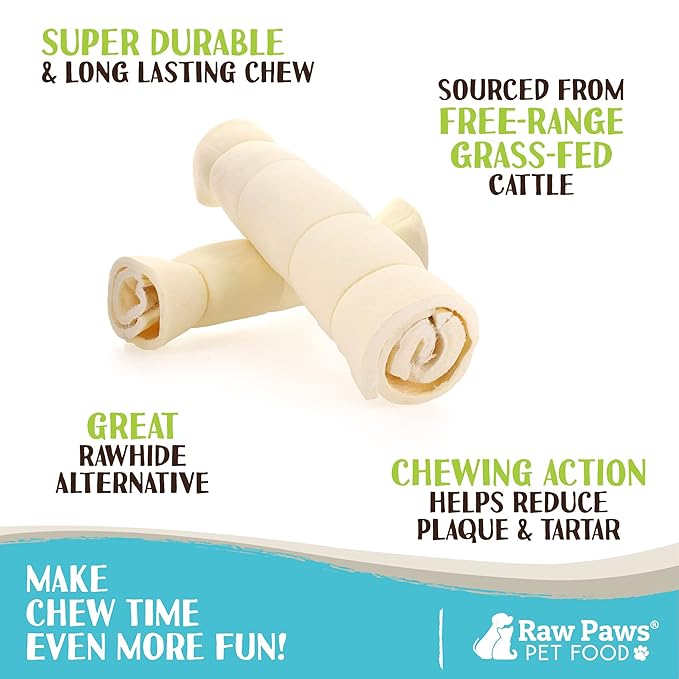 Raw Paws Beef Cheek Rolls for Dogs Large - 10 inch (25 Pack) - Packed in USA - Free-Range, Rawhide Alternative Dog Chews - Retriever Rolls - Beef Cheeks for Dogs