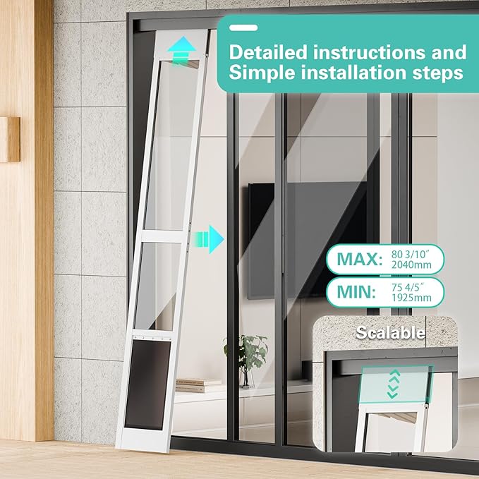 Doggy Door for Sliding Glass Door, Adjustable Height 75 4/5" to 80 3/10" Sliding Door Dog Door Insert, Suitable for Small Doggies Up to 25 lbs, M
