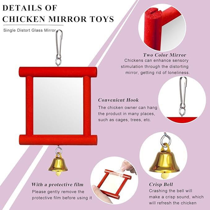 Sumind 2 Pieces Chicken Mirror Toys Hanging Swing Mirror with Bell Wooden Pecking Toy and 4 Pieces Beak Grinding Molar Stones for Hens Birds Parrots(Red,Purple)