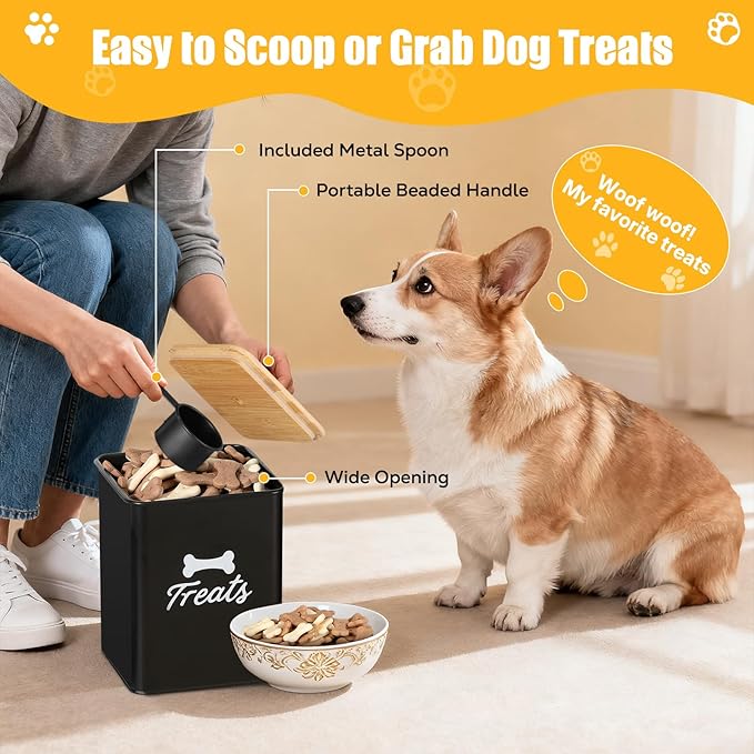 Dog Treat Containers Set of 2, Dog Food Storage Containers with Airtight Lids, Metal dog treat jars for Kitchen Countertop, Pet Food Canister Keep Snack Fresh, 5.9"×5.9"×7.1", Black