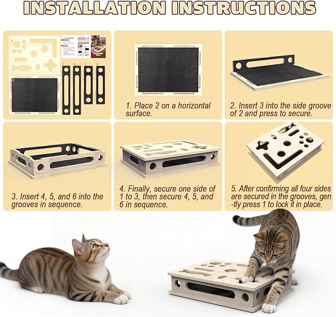 Cat Scratch Puzzle Enrichment Box, Large Solid Wood Construction Cat Nail File Enrichment Box with Sandpaper Inside, Cat Nail File Box Stress Free Alternative to Clippers and Grinders(No Bell Ball)