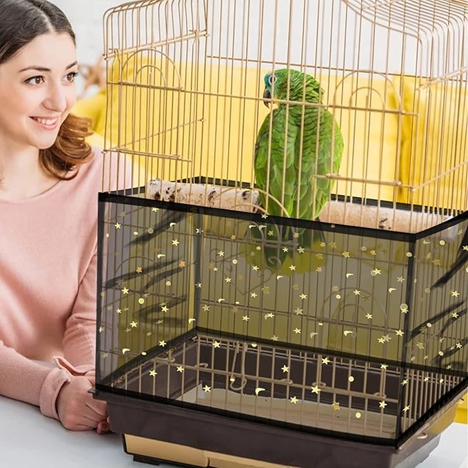 Daoeny Large Bird Cage Cover, Bird Cage Seed Catcher, Adjustable Soft Nylon Mesh Net with Twinkle Moon Star, Birdcage Cover Skirt Seed Guard for Parrot Parakeet Macaw Round Square Cages (Black)
