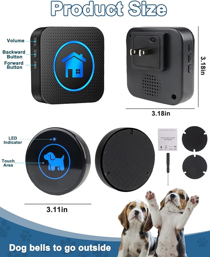 Dog Door Bell, Wireless Dog Doorbells for Potty Training – Dog Bells to Go Outside, 1000Feet Range, Waterproof Button, 55 Melodies & 5 Notification Modes (3 Buttons)