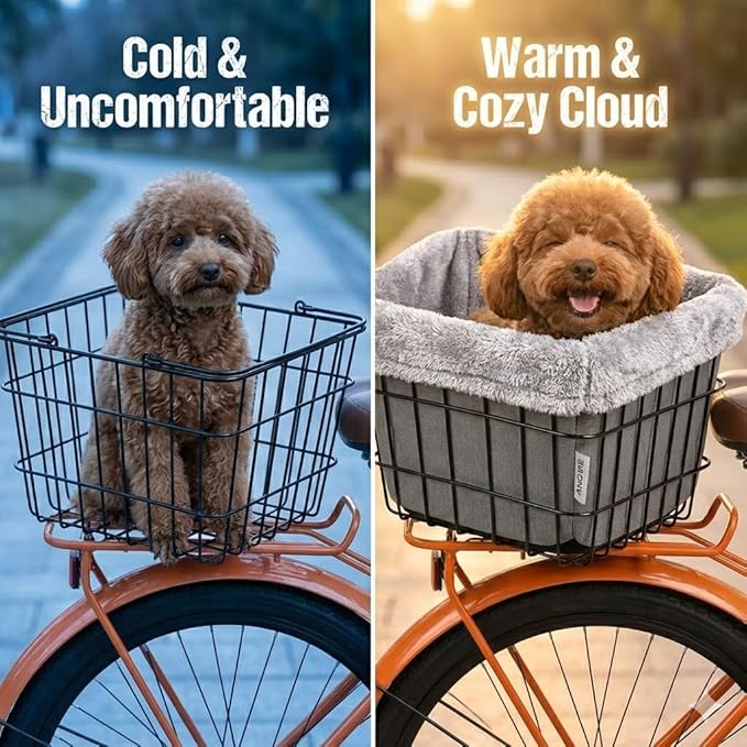 ANZOME Dog Bike Basket Liner (Liner Only), Soft Sherpa Padded Cover for Wire Bicycle Baskets, Warm Winter Pet Carrier Insert Bed with Durable Canvas & Elastic Fit (Grey)