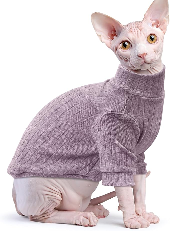 Idepet Sphynx Hairless Cats Sweater Shirt Kitten Soft Puppy Clothes Pullover Cute Cat Pajamas Jumpsuit Cotton Apparel Pet Winter Turtleneck for Cats and Teacup Chihuahua Small Dogs(Purple,XS)