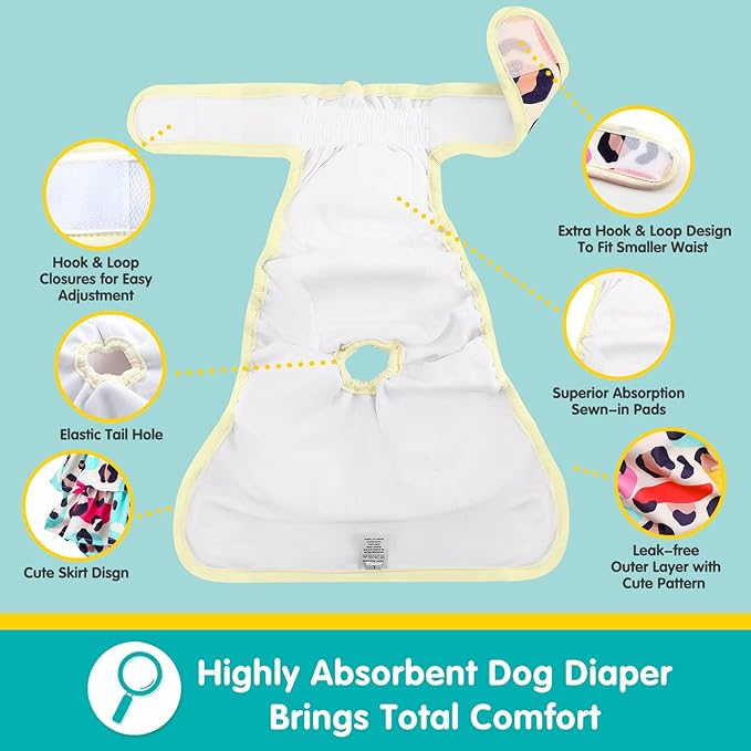Washable Dog Diapers Female 3 Pack Reusable Premium Highly Absorbent Doggie Diapers, Flexible Puppy Diapers, Durable Leak-Proof Leopard Dog Diapers for Period Heat Incontinence Puppy Training, M