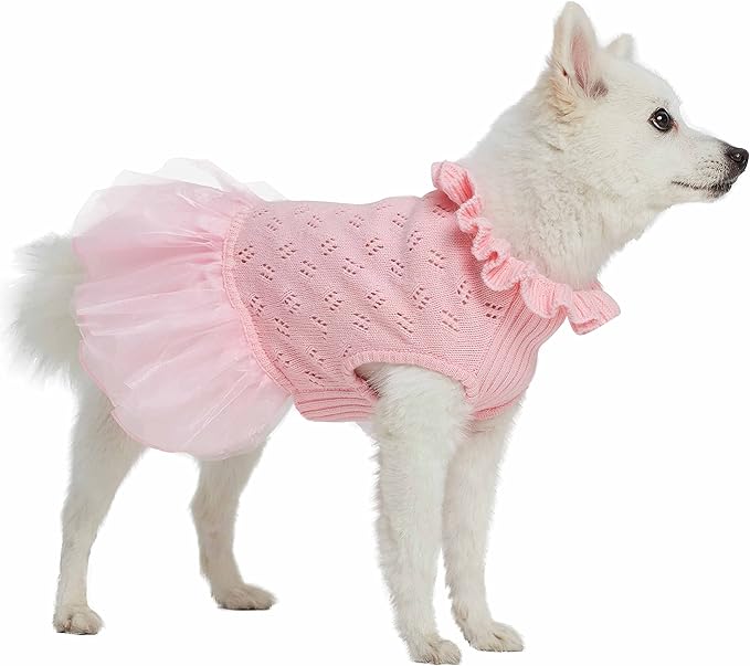 Blueberry Pet My Cutie Princess Ruffle Collar Dog Sweater Dress with Layered Tulle, Pink, Back Length 10", Fall Winter Clothes for Girl Dogs