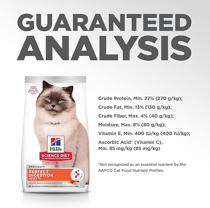 Hill's Science Diet Perfect Digestion, Senior Adult 7+, Digestive Support, Dry Cat Food, Chicken, Barley, & Whole Oats, 6 lb Bag