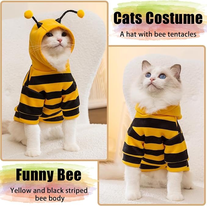 DENTRUN Sphynx Hairless Cats Costume Funny Bee Warm Winter Sweater Cute Pullover Kitten Shirts Breathable Cat Leisure Wear Turtleneck Vest Adorable Cat's Clothes Jacket Pajamas Jumpsuit, XL