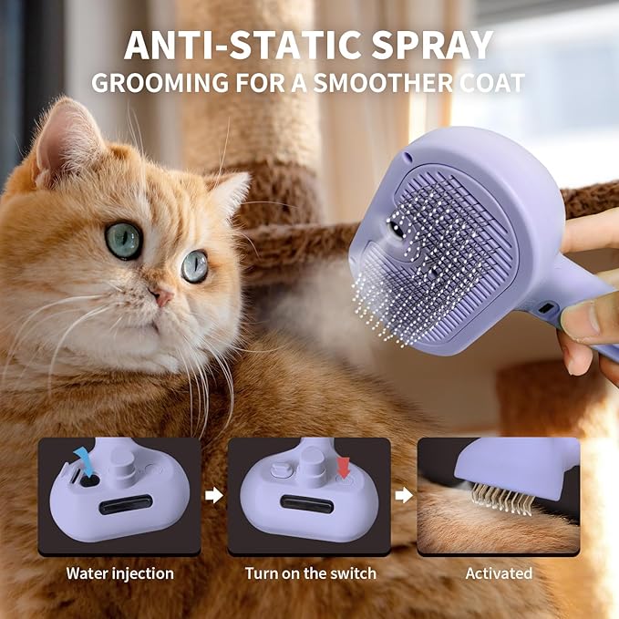 3-in-1 Self-Cleaning Brush for Shedding Dogs and Cats - Removes Static, Tangles, and Loose Hair (Purple)