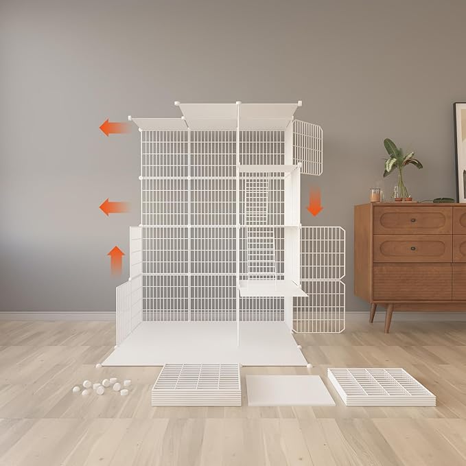 Large 4-Tier Cat Cage Indoor, DIY Cat Enclosures Detachable Metal Wire, Indoor Cat Crate Exercise Place Ideal for Kitty, Small Animals (White, 41" L x 28" W x 55" H, 7)