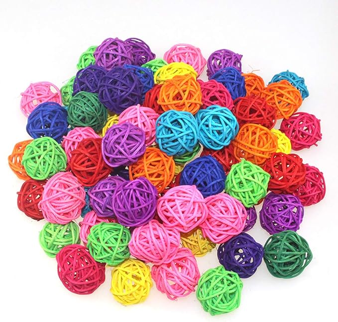 80 Pieces Wicker Rattan Balls Parrot Bird Toys Chewing Toys for Parakeet Budgie Cockatoo, Grapevine Ball for Birds, DIY Craft Party Wedding Multi-Colored (80 pcs, 1.18In)