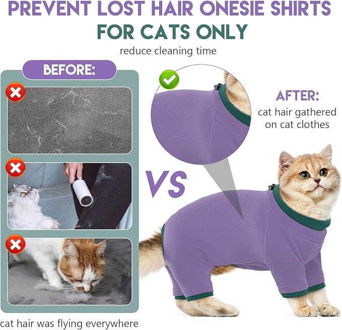 Sticky Cat Clothes Stretchy, Sphynx Hairless Sweater & Pajamas for Cats only, Soft Cat Onesie for Cats After Surgery Female Male & Hair Loss Prevention, Purple XL
