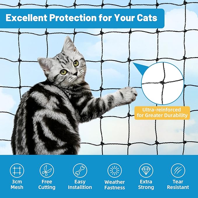Lewondr Cat Netting Balcony, 10x26ft Steel Wire Reinforced Balcony Screen for Pets, Anti-Fall Pet Mesh Fence Cat Safety Net for Balcony, Window, Stair, Patio