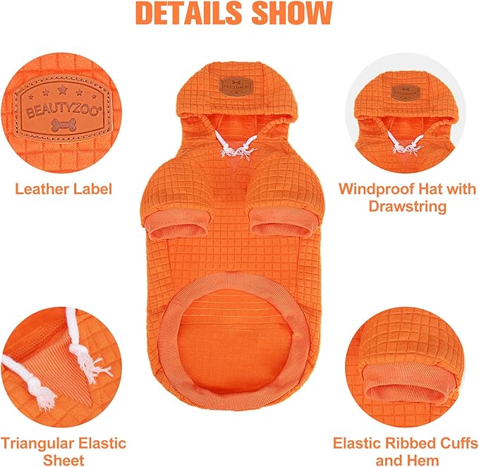 BEAUTYZOO Small Dog Hoodie Sweater with Pockets, Dog Clothes for Small Medium Dogs Boy Girl, Waffle-Like Laminated Cotton Pet Coats with Hat and Leash Hole, Orange L