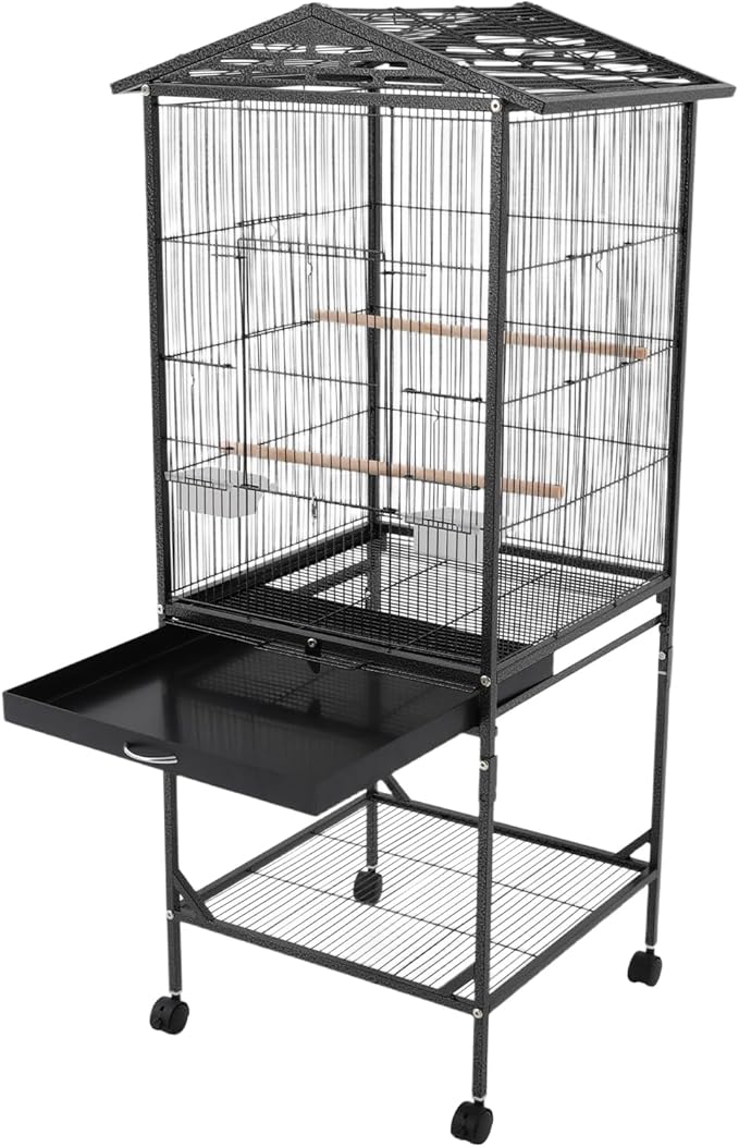 Large Modern Bird Cage 46" for Parrots,Iron Birdcage with Rolling Lockable Wheels & Storage Shelf,Open Top Design & Feeding Doors for Cockatiels Parakeets (Black)