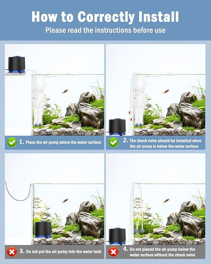 AQQA Aquarium Air Pump, Quiet Powerful Fish Tank Air Pump 3W/6W/10W with Stainless Steel Dual Outlet, Adjustable Oxygen Aerator Pump with Air Stone Bubbler for Fish Tank Up to 200 Gallon 6W (Tubby)