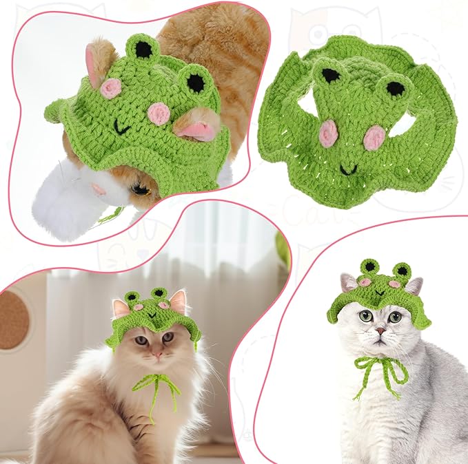Frog Cat Hat, Cotton & Soft Cute Knitted Cat Hat Birthday Party Christmas Puppy Hats for Small Pets (Green, M)