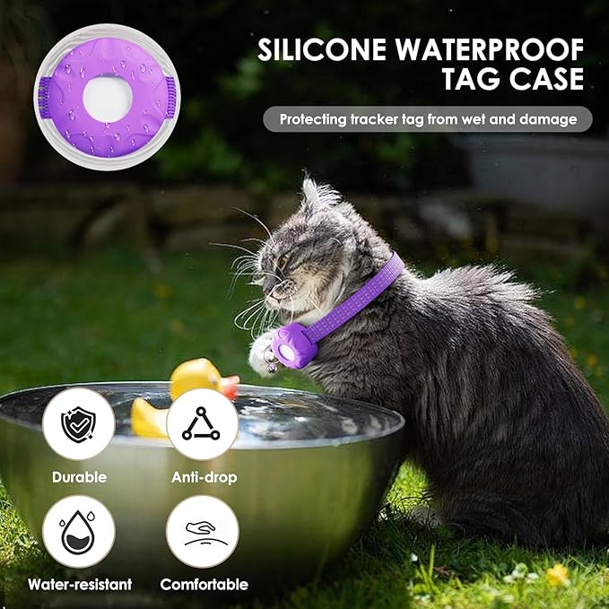 GPS Tracker for Cats, Cat GPS Tracker Compatible with Apple Find My App (Only iOS), No Monthly Fee Cat Tracker, Waterproof (White Tracker, Purple Cat Collar)