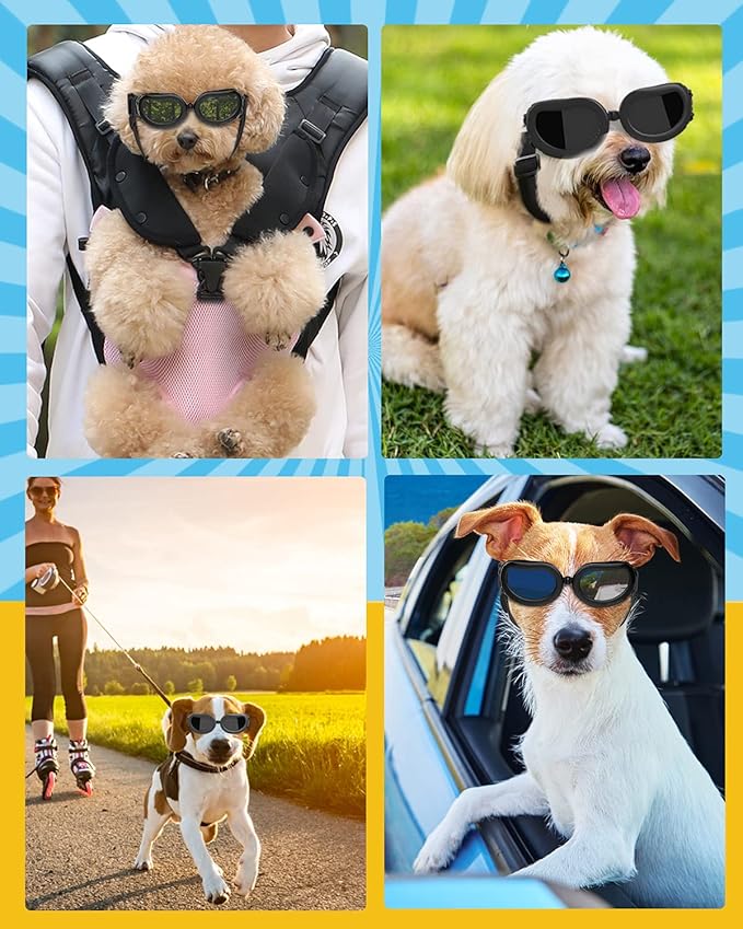 Lewondr Dog Sunglasses Small Breed Goggles UV Protection,Goggles for Small Dogs Eye Wear Protection with Adjustable Strap Windproof Anti-Fog Sunglasses for S-mall Doggy Doggie Glasses,Black