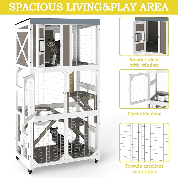 Catio Outdoor Cat Enclosure,Outdoor Cats House with 5 Platforms & Space Capsule,Wooden Cat Catio Cats Enclosure with Weatherproof Oxford Cloth Roof & 4 Wheels,Grey