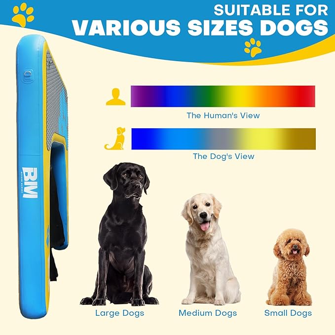 Beyond Marina Dog Pool Ramp - PUP ON! Inflatable Dog Water & Boat Ramp for Lake & Dock, Floating Pontoon Dock Ladder with Non-Slip EVA Platform, Extra Large 5 ft x 4 ft, Blue/Yellow, Supports 230 lbs